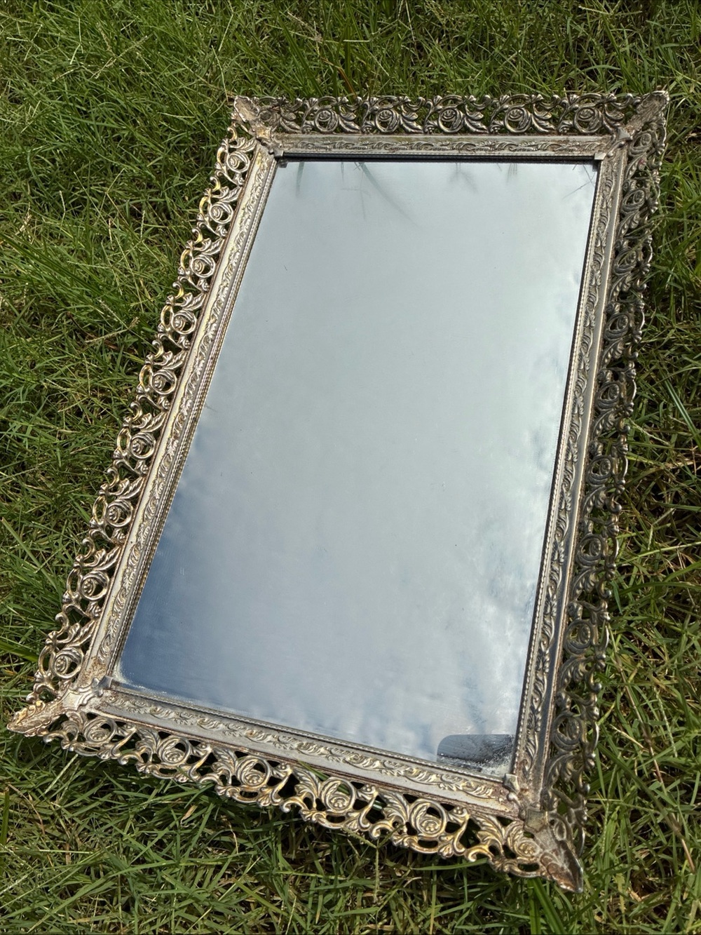 Vintage silver filigree mirrored vanity tray